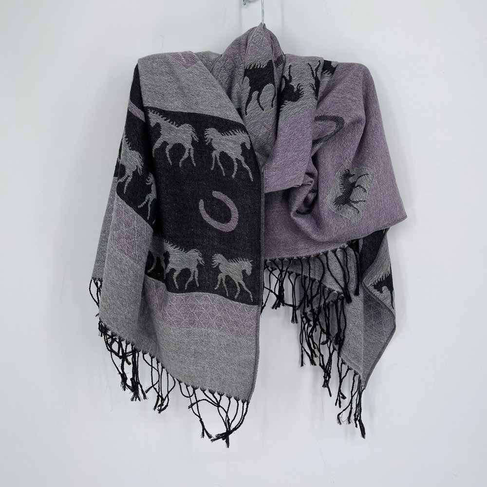 Pashmina Women's Grey Horse Horseshoe Silk Blend Fringe Wrap Shawl Scarf Size OS
